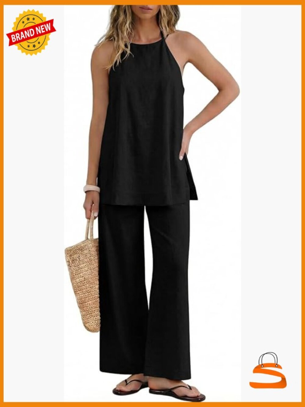 2 Piece Linen Outfits Halter Neck Sleeveless Top Wide Leg Pants Set Summer